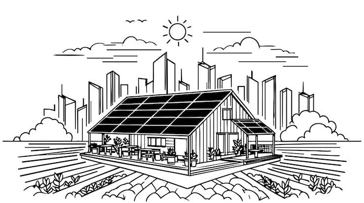 Dibujo paisajístico de un panel solar en una casa