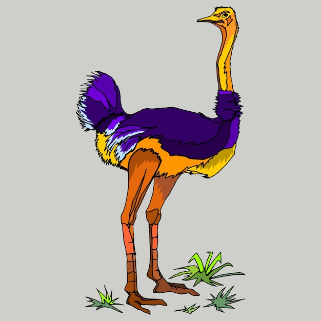 Un dibujo de un pájaro con un cuerpo amarillo y morado y un cuerpo morado.