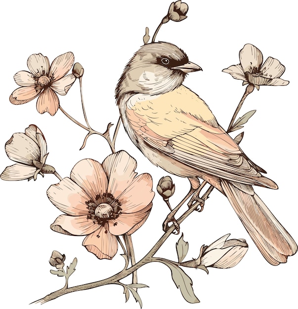 un dibujo de un pájaro con flores y un pájaro sobre él