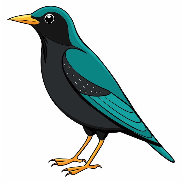 un dibujo de un pájaro negro y azul con una cara verde