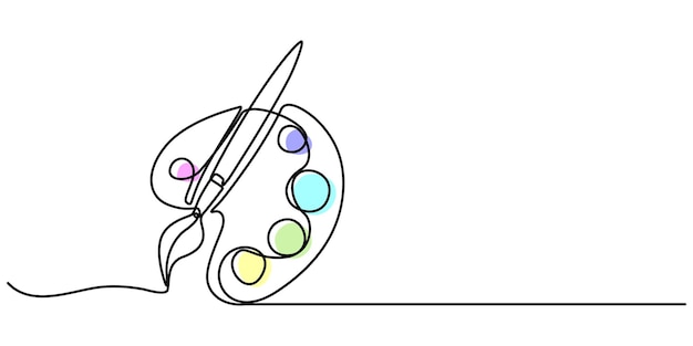 Dibujo de paleta de pintura y pinceles Dibujo continuo de una línea de materiales artísticos Pinceles artísticos