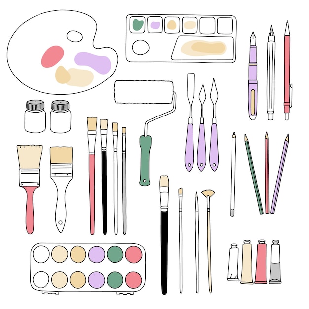 Un dibujo de una paleta de pintura, pinceles y pinceles.