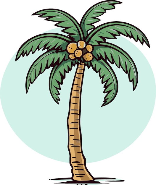 un dibujo de una palmera con un fondo azul con un círculo verde a su alrededor