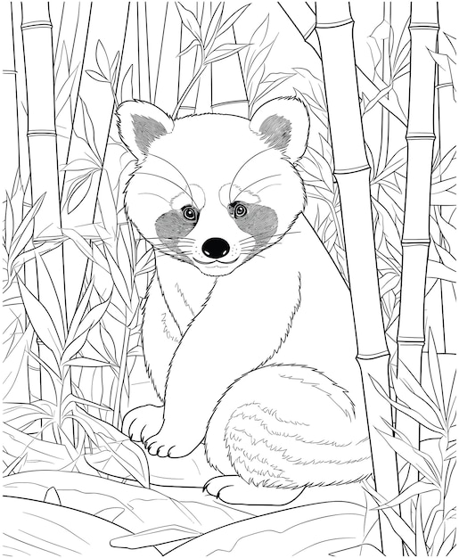 Vector dibujo de panda rojo y bambú para colorear