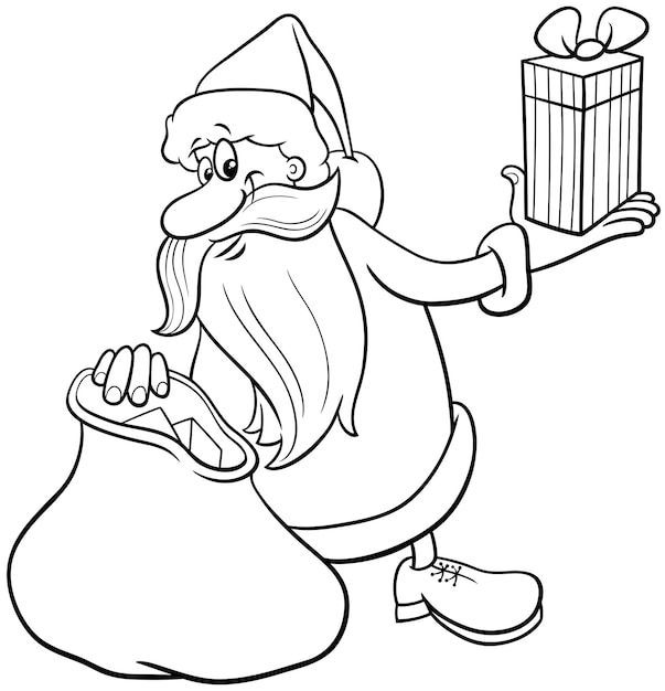 Dibujo de Papá Noel con regalo de Navidad y saco para colorear, pintar e imprimir
