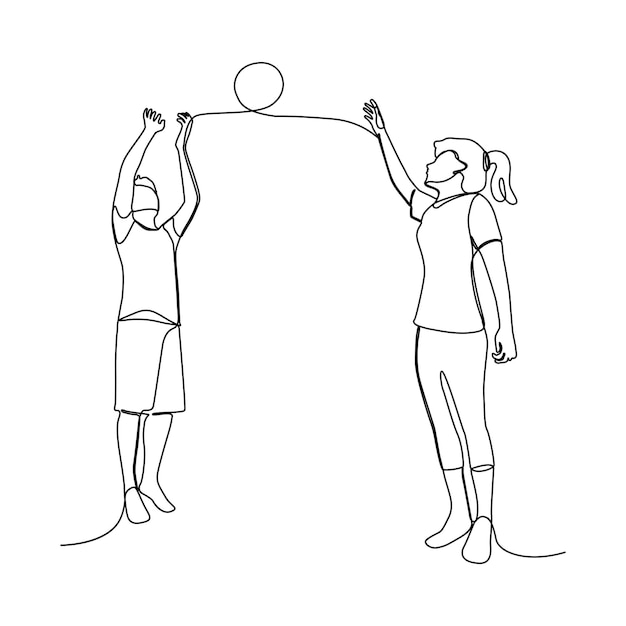 Un dibujo de una pareja asiática feliz juntos para jugar al baloncesto. Personas dibujadas a mano para el día del deporte.