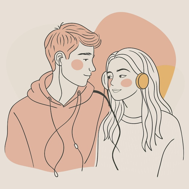 un dibujo de una pareja con auriculares en la cabeza