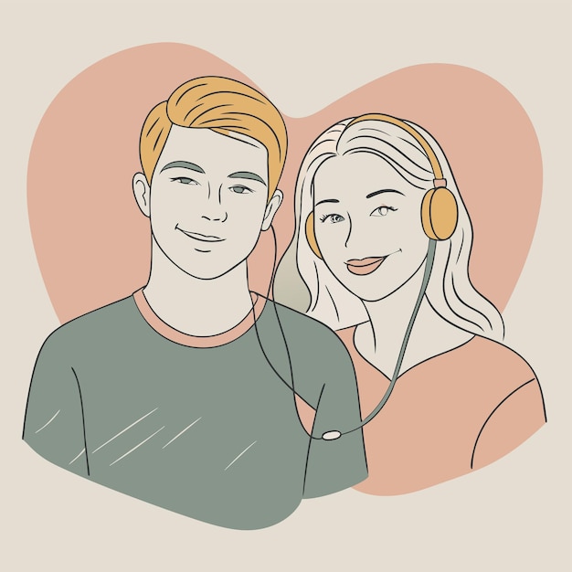 un dibujo de una pareja con auriculares en sus cabezas