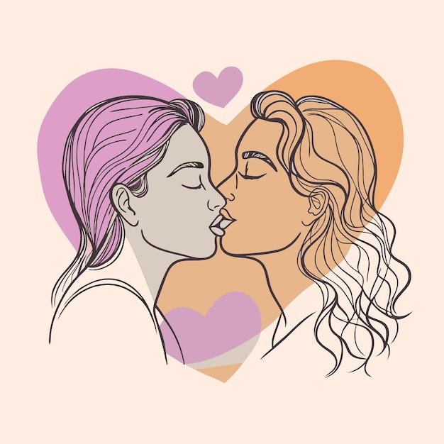 un dibujo de una pareja besándose frente a un corazón con un fondo rosa