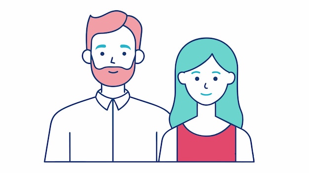 un dibujo de una pareja con cabello azul y un hombre con una camisa roja