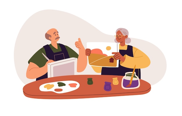 Dibujo de pareja mayor Feliz hombre y mujer de la vejez pintando juntos Personajes creativos de ancianos jubilados con pinturas de papel de lienzo Ilustración vectorial plana aislada en fondo blanco