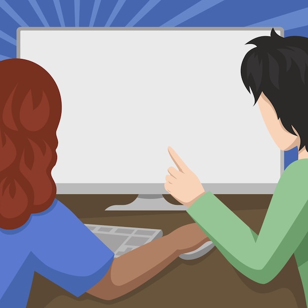 Dibujo de pareja usando una computadora de escritorio ayudándose mutuamente a realizar el trabajo hombre apuntando a un gran