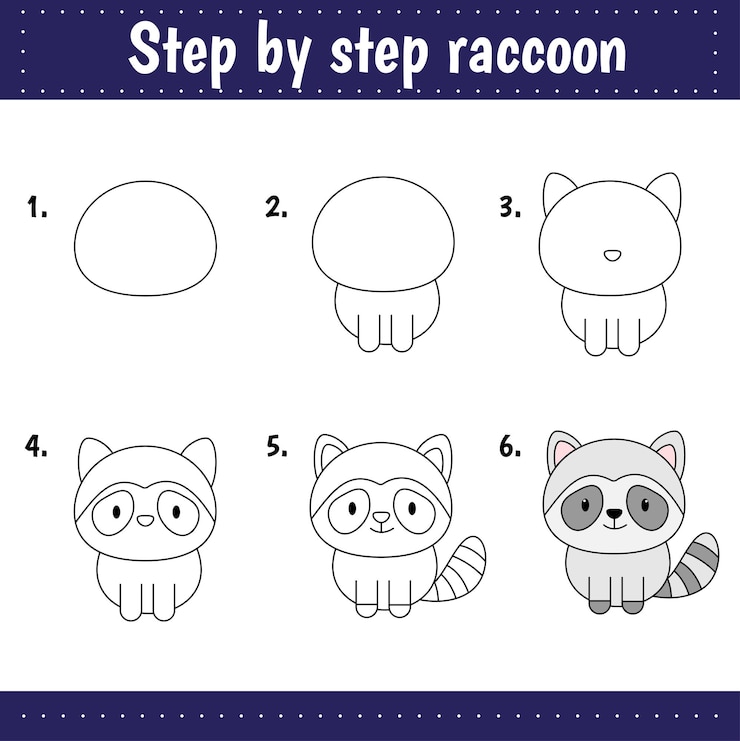 Vector dibujo paso a paso. tutorial de dibujo para niños. nivel fácil. hojas de educación. cómo dibujar mapache. hojas de trabajo