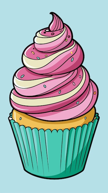 un dibujo de un pastel con glaseado rosa y un fondo azul