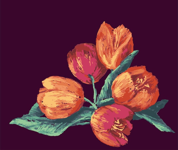 Dibujo pastel vectorial de ramo de tulipanes rosas y naranjas