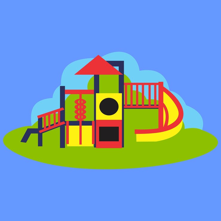 Vector un dibujo de un patio de recreo con un tobogán y una tobogán con una casa en él