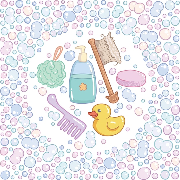 Vector un dibujo de un pato de goma y un pato de caucho accesorios de baño champú jabón borda de baño de bast