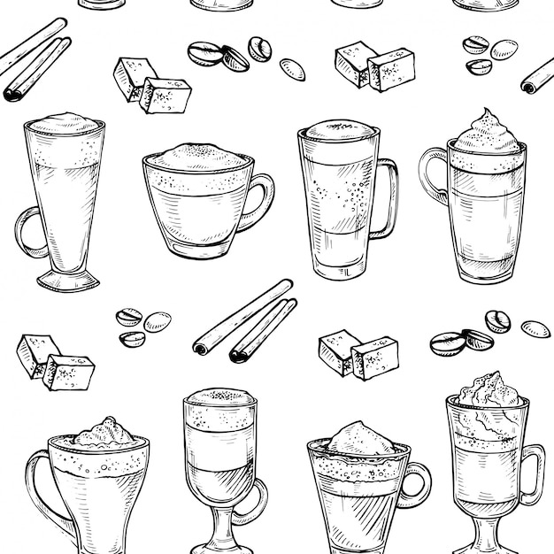 Dibujo de patrones sin fisuras de taza de café amable