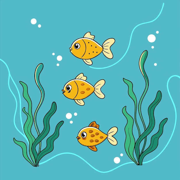 un dibujo de peces nadando en el océano con las burbujas de abajo