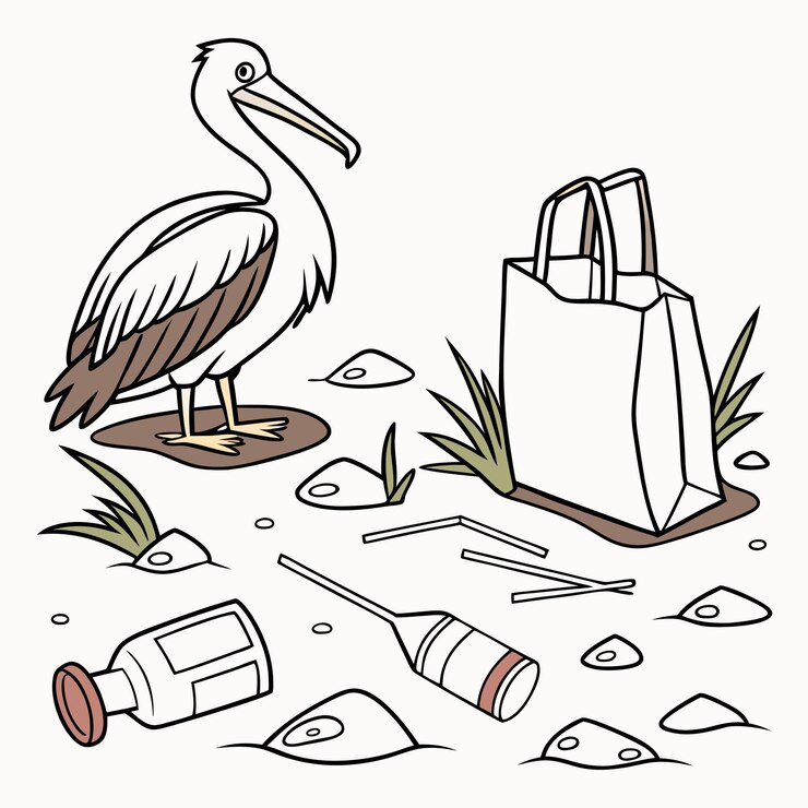 Vector un dibujo de un pelícano y una bolsa con una palmera y una bolsa blanca