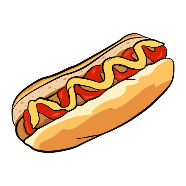 Un dibujo de un perrito caliente con mostaza y ketchup.