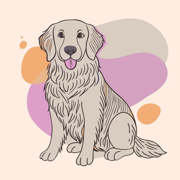 un dibujo de un perro con un fondo rosa y un círculo púrpura y naranja