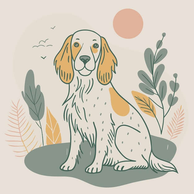 un dibujo de un perro con plantas y un sol en él