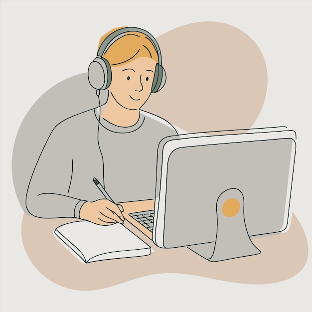 un dibujo de una persona con auriculares y una computadora con un bolígrafo y papel