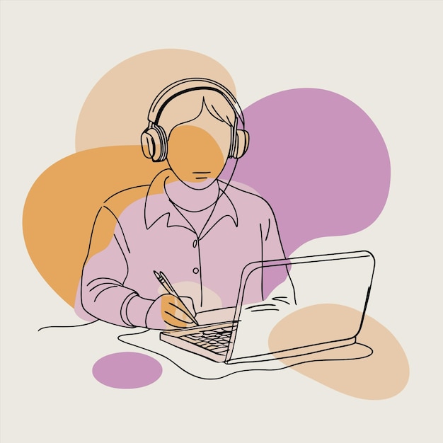 un dibujo de una persona con auriculares y una computadora portátil