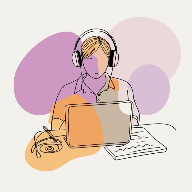 un dibujo de una persona con auriculares y una computadora portátil