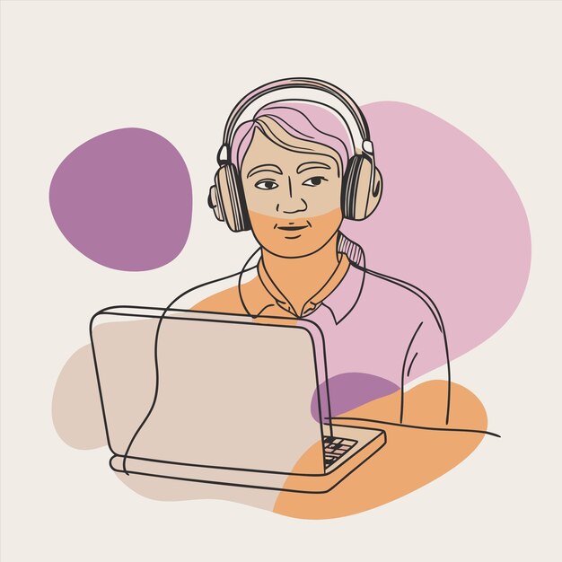 un dibujo de una persona con auriculares y un monitor de computadora con un círculo púrpura y púrpura en el fondo