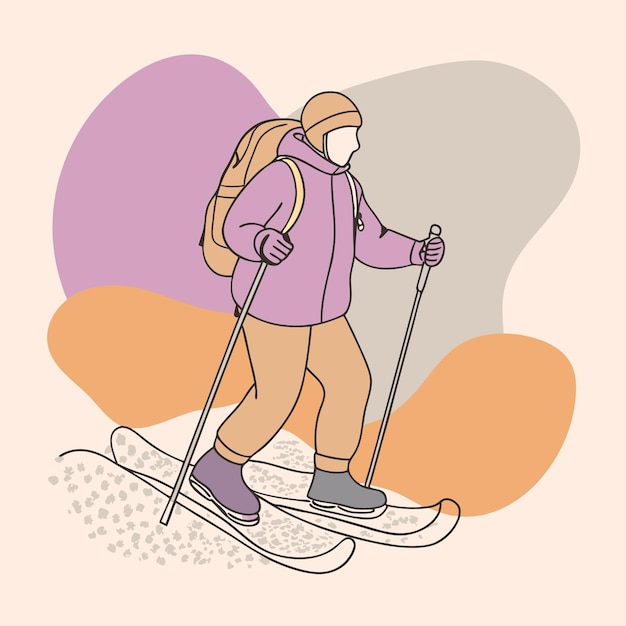 un dibujo de una persona en esquís con un fondo púrpura con una imagen de una persona sobre él