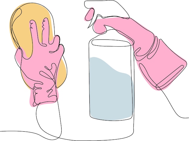 Dibujo de una persona con guantes rosas y una botella de líquido.