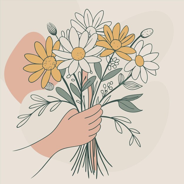 un dibujo de una persona sosteniendo un ramo de flores