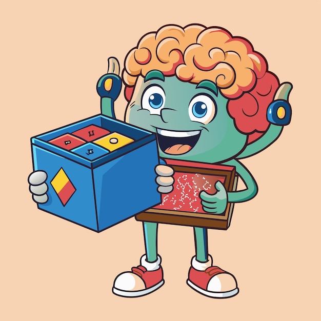 Vector un dibujo de un personaje de dibujos animados sosteniendo una caja con la palabra juego en él