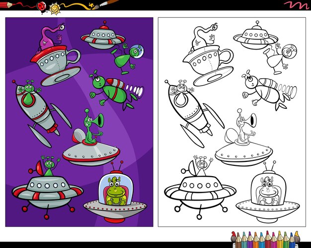 Dibujo de Personajes alienígenas de dibujos animados en el espacio para colorear