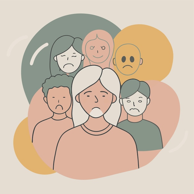 un dibujo de personas con caras y caras con una de ellas tiene una cara dibujada en él