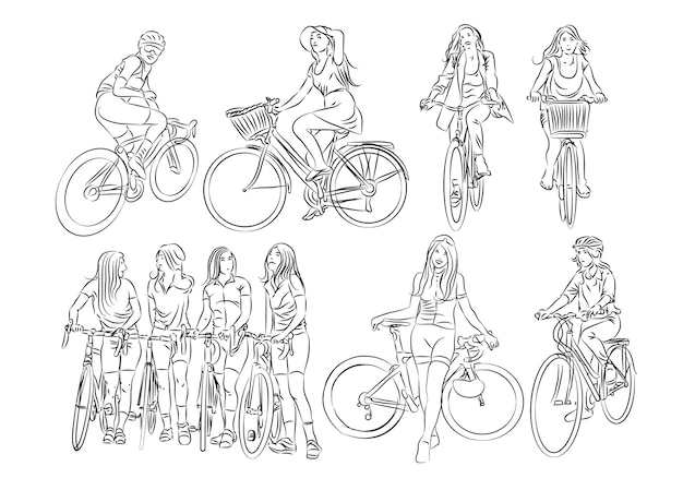 un dibujo de personas montando bicicletas con uno que dice "chica montando"