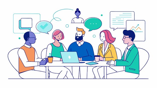 un dibujo de personas sentadas en una mesa con una computadora portátil y la palabra im a en ella