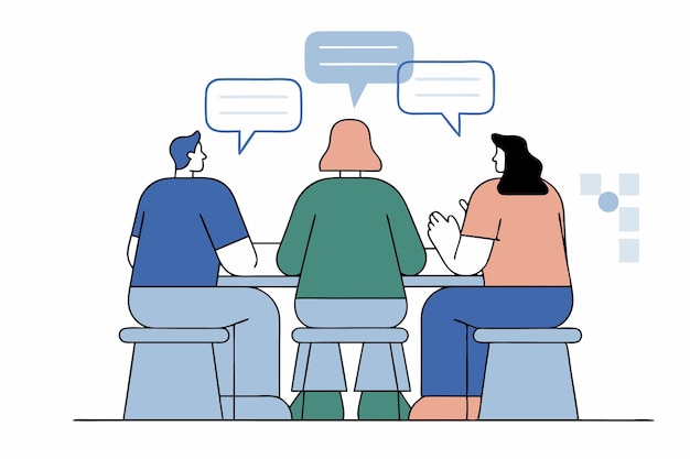 un dibujo de personas sentadas en una mesa con las palabras "gente hablando"