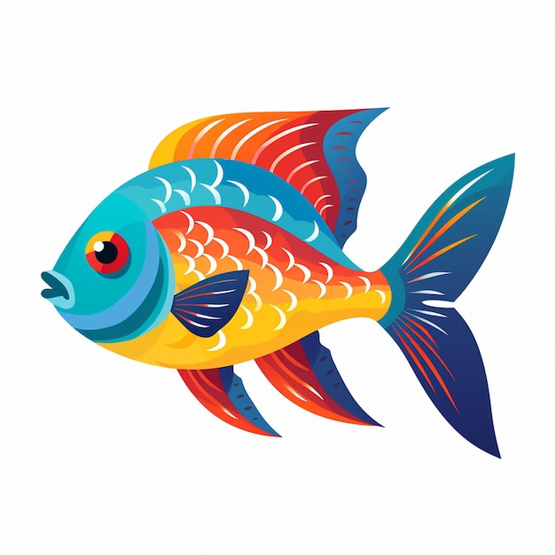 un dibujo de un pez que tiene un ojo naranja y una cola azul y amarilla