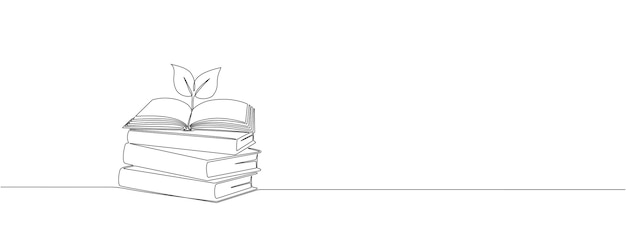 Dibujo de una pila de libros con un brote de planta en una línea continua Símbolo de educación lectura y escritura en un estilo de línea Ilustración editable vectorial