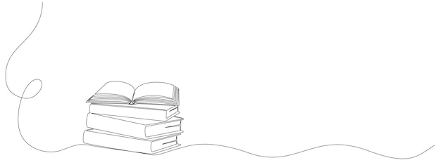 Dibujo de una pila de libros con un cuaderno abierto en la parte superior en un símbolo de línea continua de
