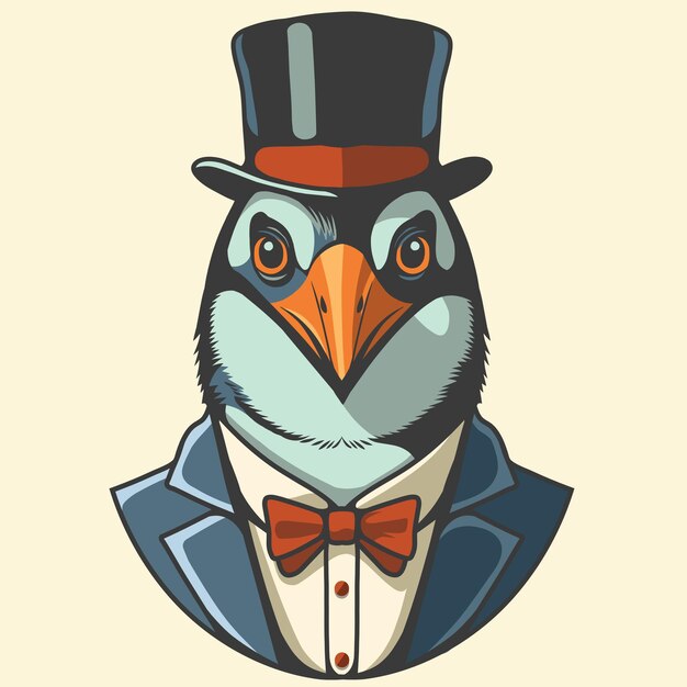 Un dibujo de un pingüino con un sombrero de alto como un hombre de negocios