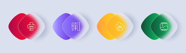 Dibujo, pintura y toma de fotos, conjunto de iconos Hobby, pincel, pintura, lápiz, regla, almacenamiento en la nube, concepto de arte, estilo Glassmorphism, icono de línea vectorial para negocios y publicidad.