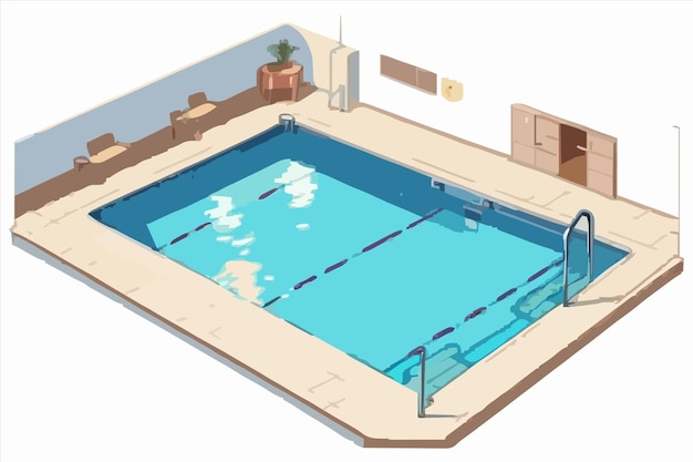 un dibujo de una piscina con una piscina de agua azul y una casa con una puerta azul