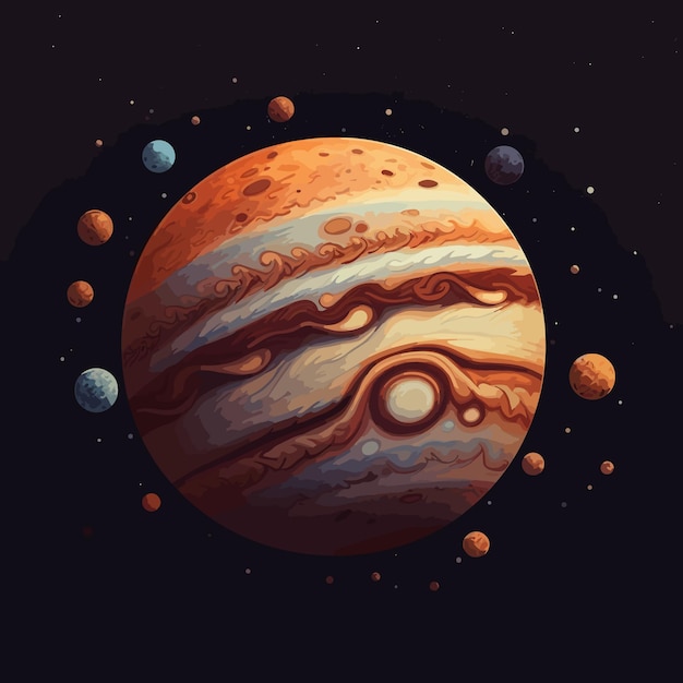 Un dibujo del planeta júpiter con el sol y la luna al fondo.