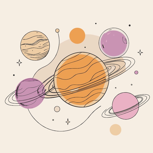 un dibujo de planetas con el sol en la parte superior