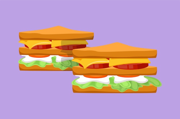 Vector dibujo plano de carácter de dos etiquetas de logotipo de sándwich estilizadas emblema de comida rápida restaurante de perritos calientes plantilla de logotipo de comida rápida para cafetería o servicio de entrega de alimentos ilustración de vector de diseño de dibujos animados