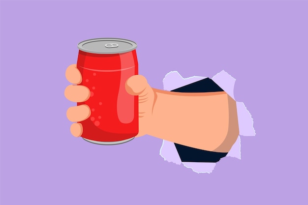 Dibujo plano de carácter de la mano sosteniendo una lata de aluminio puede beber a través de papel azul rasgado o agujero sin etiqueta Bebidas en recipientes metálicos Bebida refrescante para personas Ilustración vectorial de diseño de dibujos animados